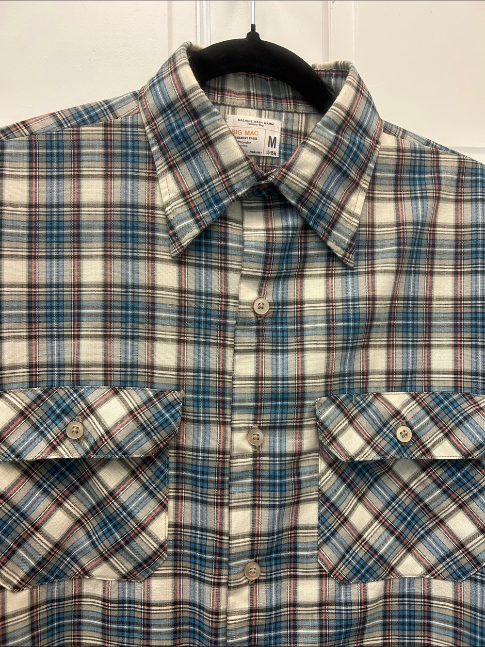 VTG Big Mac 80s Plaid Long Sleeve Lightweight Mens Cotton/Poly Button Work Shirt - Picture 3 of 7